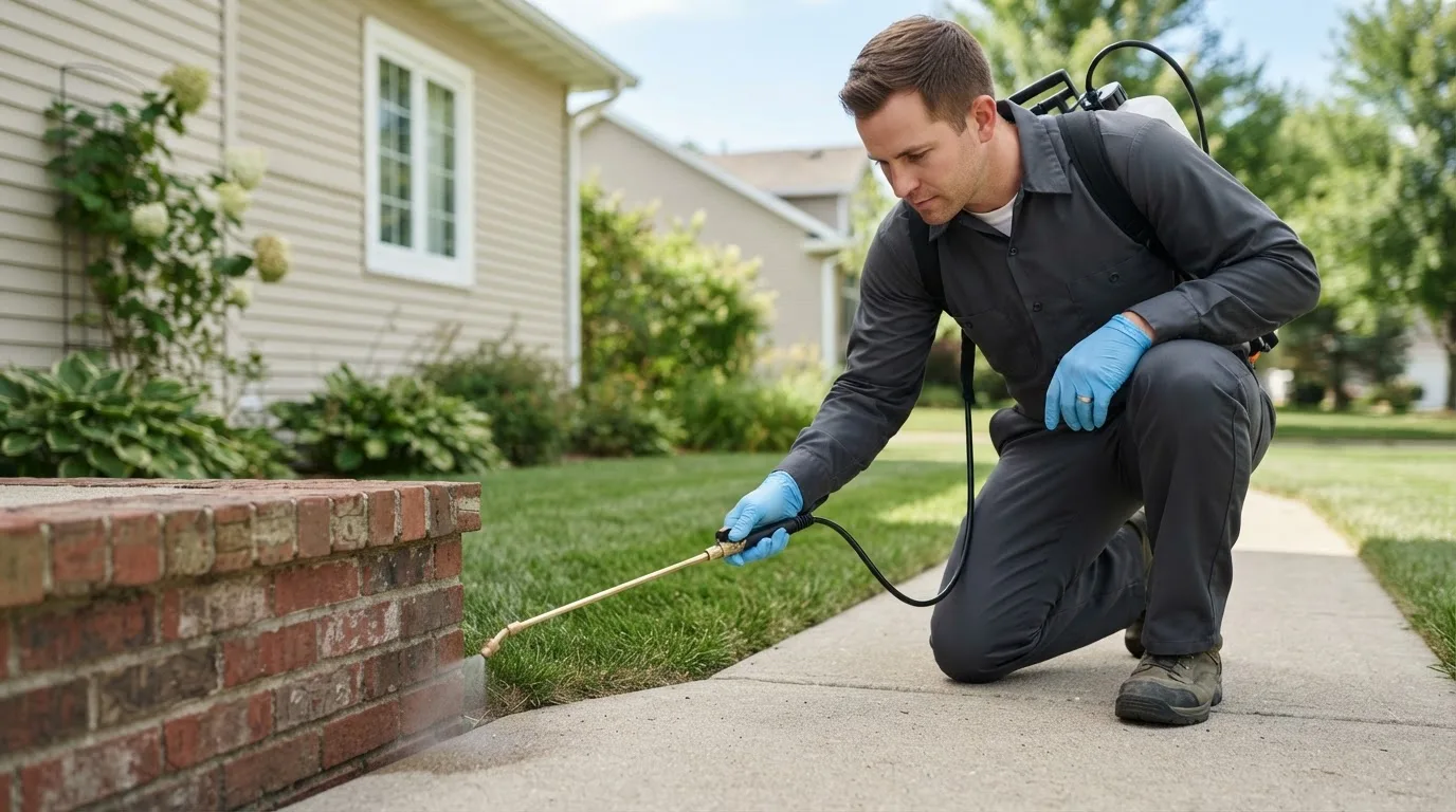 Pest control technician treating a home near Hooks, TX