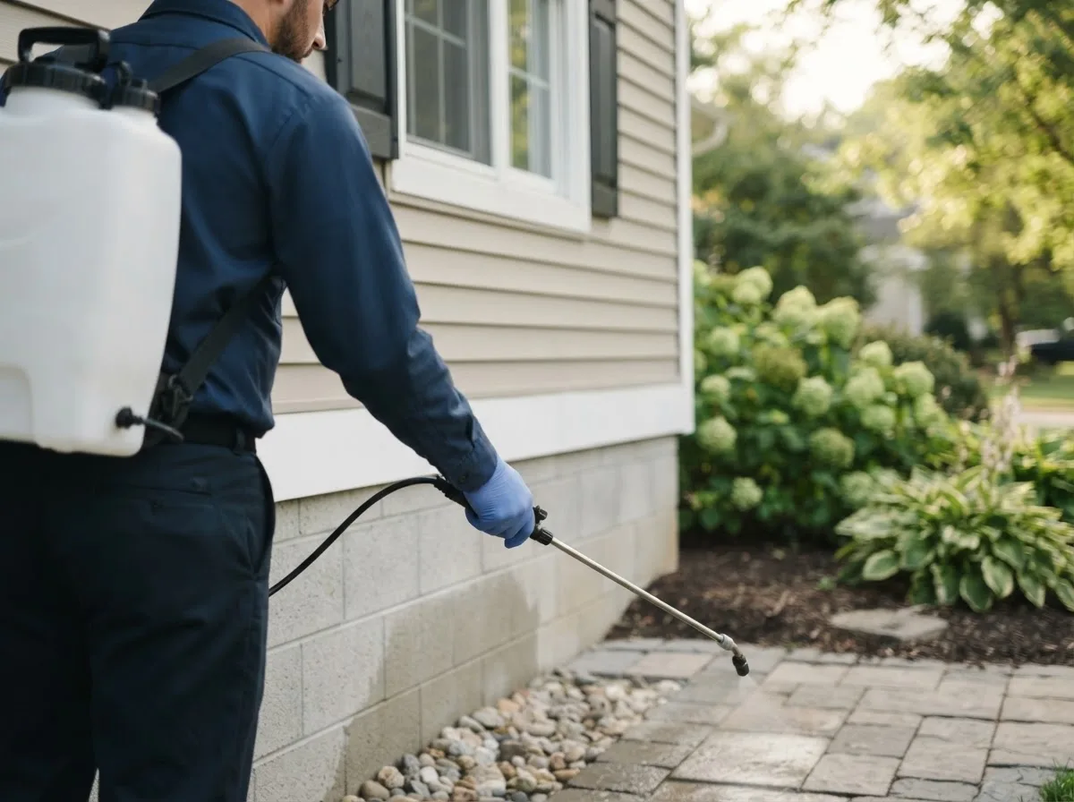 Pest control technician inspecting a home in Hooks, TX